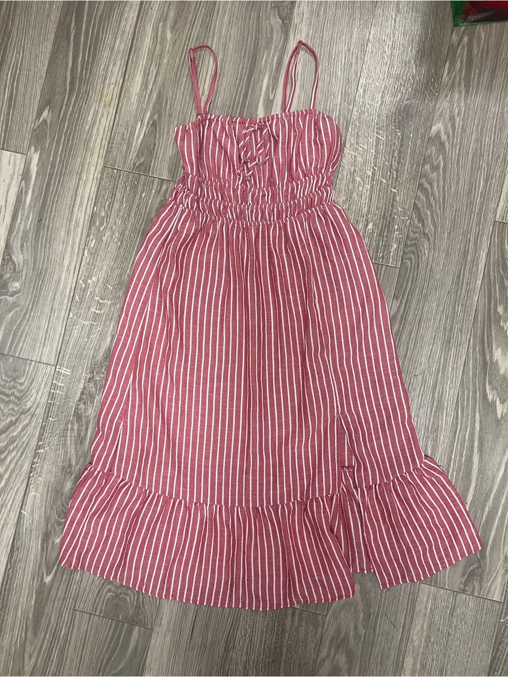 june & hudson Pink and White Striped Midi Sundress with Ruffle Hem